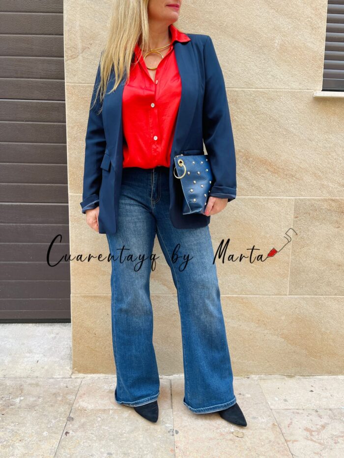 Americana Manga Fruncida Azul Marino