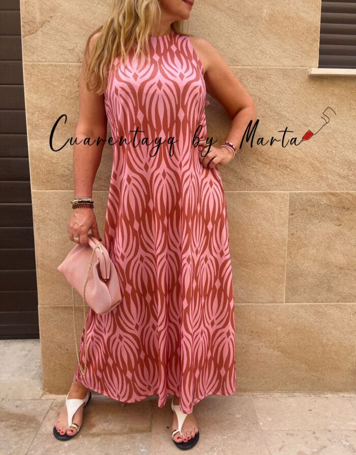 Vestido Licra Fría Marrón y Rosa