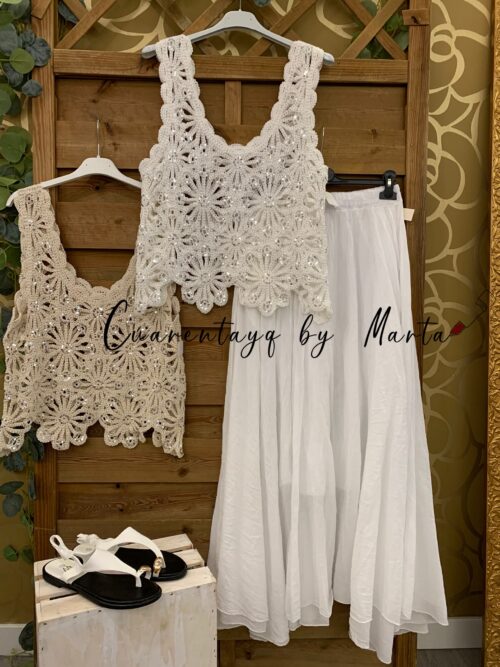 top crochet lentejuelas falda bambula bolsillos