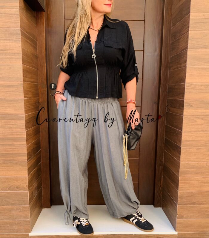Bomber que marca cintura, zapas boston y pantalón Boho chic (2)